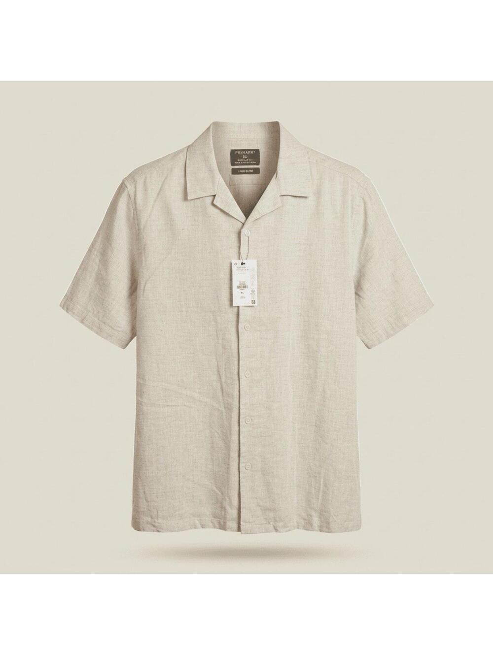 Primark Shirt Men's XL Stone Beige Linen Blend Short Sleeve Casual Button Down